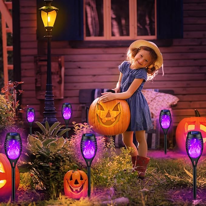 8Pack Halloween Decorations Outdoor, Halloween Solar Lights with Purple Flame for Yard Decor, Waterproof Solar Garden Lights for Outside Decor, LED Flame Torches for Pathway Yard Decorations Outdoor