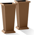 Set of 2 Large Planters for Outdoor Plants 24" Tall Tapered Modern Flower Pots with Drainage Tray for Garden, Patio, Porch (Brown Ribbed)