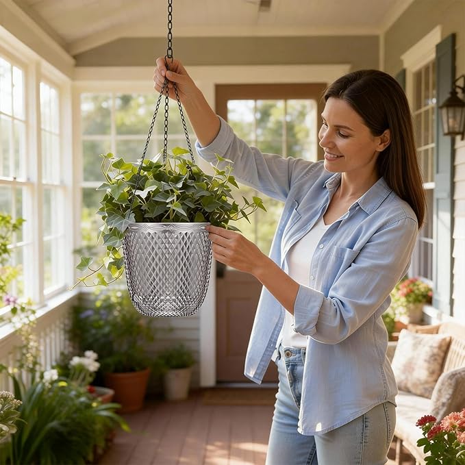 QCQHDU Self Watering Hanging Pots, 2 Pack 7.2 Inch Hanging Planters for Plants Indoor, Outdoor Flower Pots with Drainage Holes and 3 Hooks Chains for Garden Home (Gray)