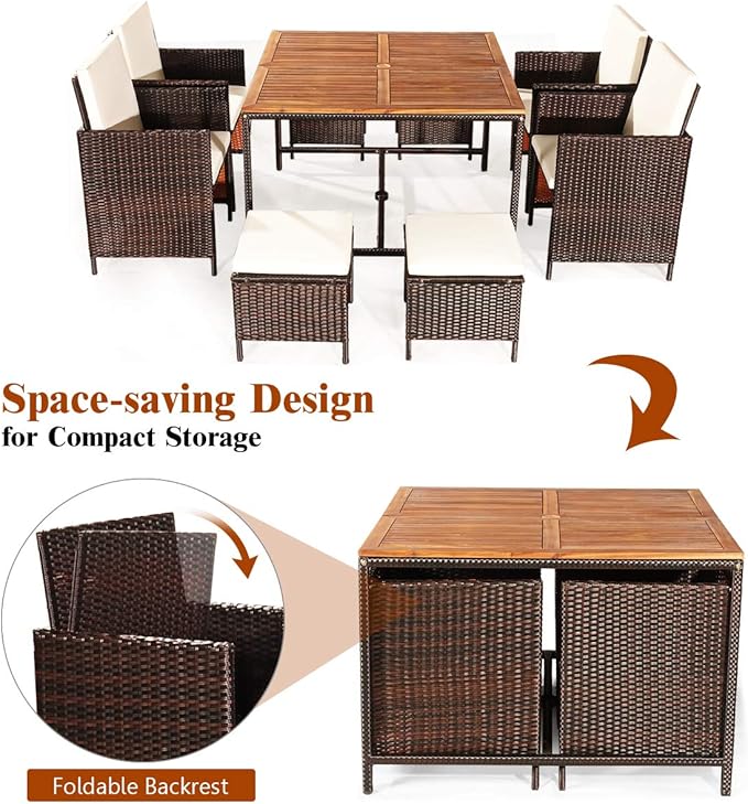 Tangkula 9 Pieces Patio Acacia Wood Table and Chairs Set with Umbrella Hole, Outdoor Space Saving Outdoor Dining Set,for Garden,Yard,Poolside