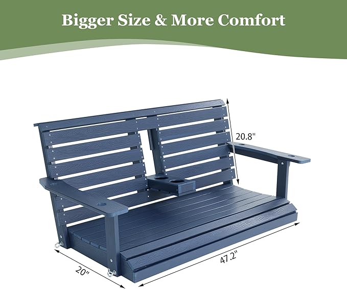 Poly Lumber 2-Seat Porch Swing, HIPS 4.5-Feet Bench Swing with Foldable Cup Holders,18/8 Stainless Steel Hardware, High Backrest and Deep Contoured Seat (Navy Blue, 4.5-feet)
