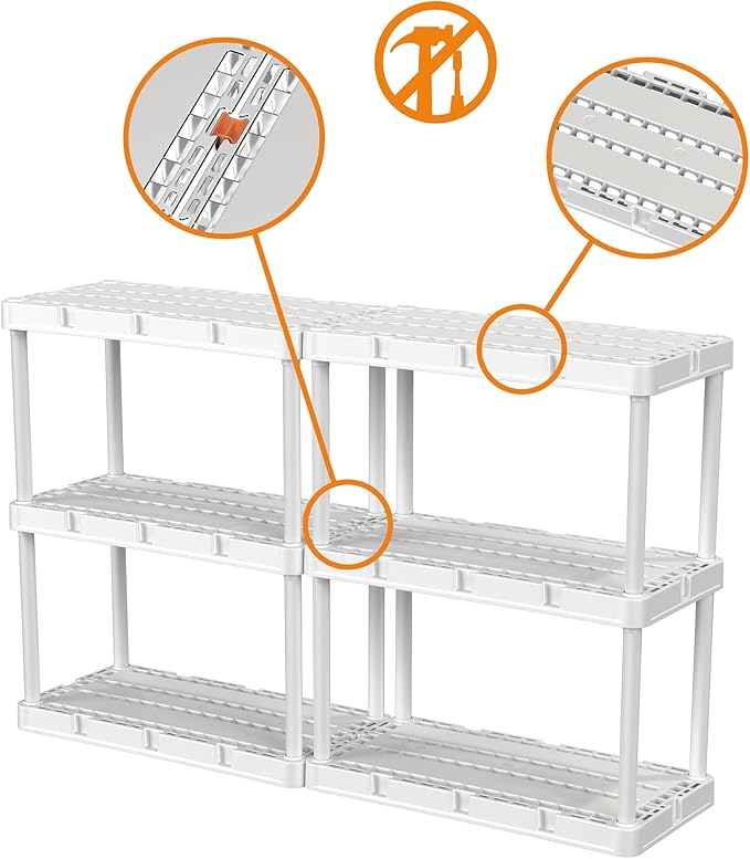 Gracious Living 2 Pack Light Duty Storage Shelves, Knect-A-Shelf 3-Shelf Ventilated Shelving Rack Organizer for Home, Garage, Basement, Laundry, White