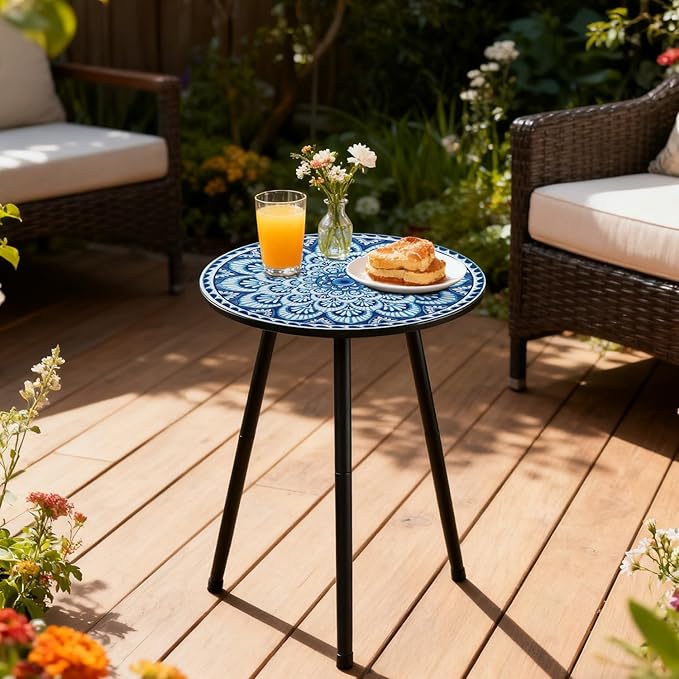 2 Packs Metal Mosaic Round Side Tables 13.4" Small Outdoor Patio Round Accent Coffee Tables Indoor Corner Stand for Small Spaces Weather-Resistant for Balcony, Porch Plant Stands Indoor, Blue Mosaic