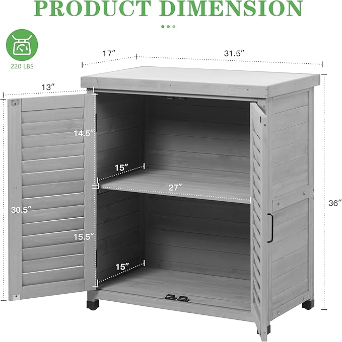 Outdoor Potting Bench with Storage Cabinet and Metal Top, Wood Workstation for Outdoor Patio, Garden (Light Grey, 31x17x36‘’)