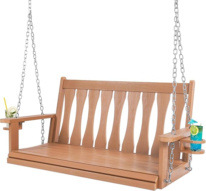 HIPS All-Weather Outdoor Hanging Porch Swing,2 Seat Hanging Swing Bench with Cup Holders,Patio Swing Chair with Hanging Chains for Courtyard & Garden