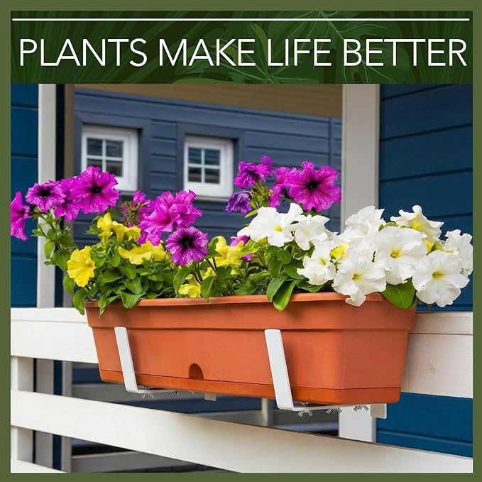 Layhit 10 Pcs Adjustable Planter Box Brackets Universal Heavy Duty Flower Box Brackets Window Iron Railing Planter Holder for Balcony Fence Pergola Patio Garden Windowsill, 6-12.5 Inch(White)