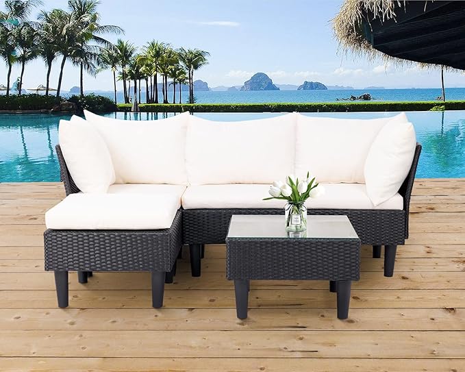 5 Pieces Patio Furniture Sets Outdoor Sectional Sofa Rattan Chair Wicker Conversation Set for Outdoor Backyard Porch Poolside Balcony Garden Furniture with Coffee Table,Khaki Cushion