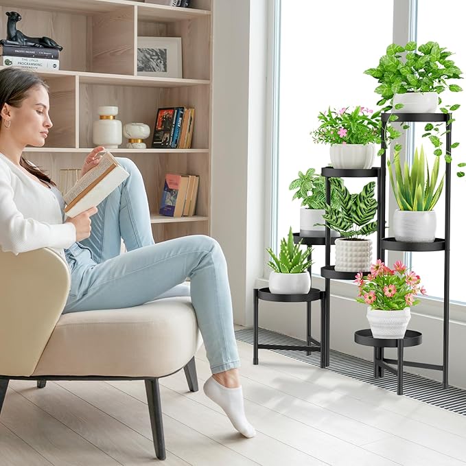 iDavosic.ly Plant Stand Indoor Outdoor, 7 Tier Corner Metal Flower Display Holder Shelf, Easy Assembly Folding Tall Orchid Rack for Patio Balcony Porch Garden Living Room House, Black