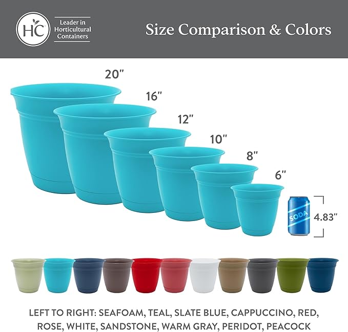 The HC Companies 12 Inch Eclipse Round Planter Pots with Drainage Holes & Attached Saucer, Lightweight UV-Resistant Plastic Indoor Outdoor Planters, 2-Pack Flower Pots for Garden & Home Decor, Seafoam
