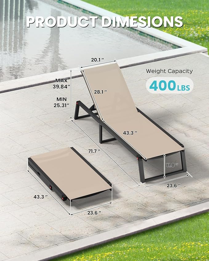 Aluminum Chaise Lounge Chair Outdoor, Foldable & No Assembly Patio Pool Lounge Chairs 5-Position Recliner for Outside Poolside, Fully Grounded Legs Sun Lounger for Beach, Yard, Khaki