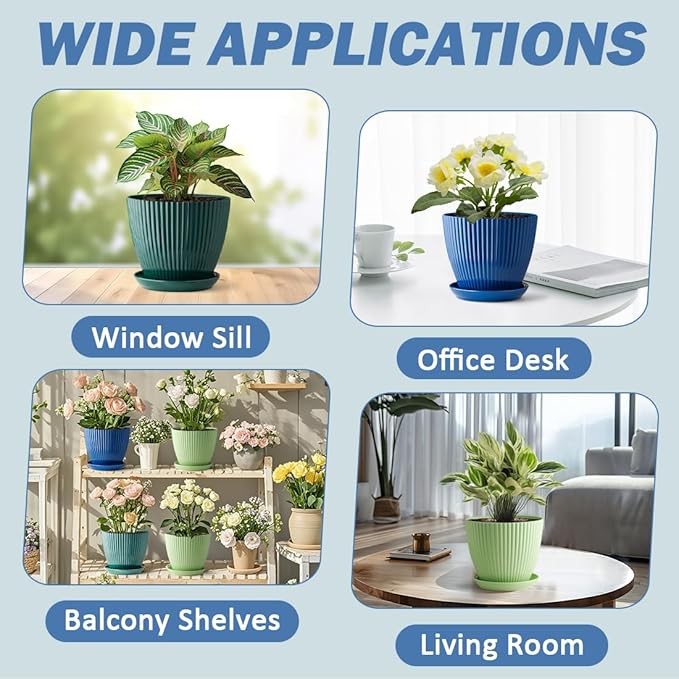 6 Inch Plant Pots, Plastic Flower Pots for Indoor Outdoor Plants, Planters with Drainage Holes and Tray Saucers, Cute Succulent Pots Durable and Light Weight (6 Pack)