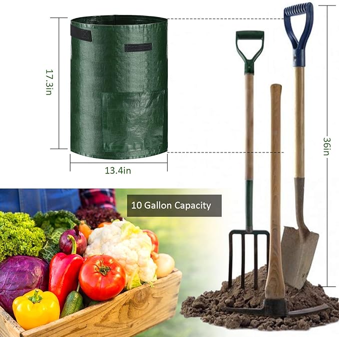 JJGoo 2 Pack 10 Gallon Garden Potato Grow Bags with Flap and Handles Aeration Fabric Planter Pots, Heavy Duty Potato Planters Garden Planting Bags for Onion, Fruits, Tomato, Carrot (Green)