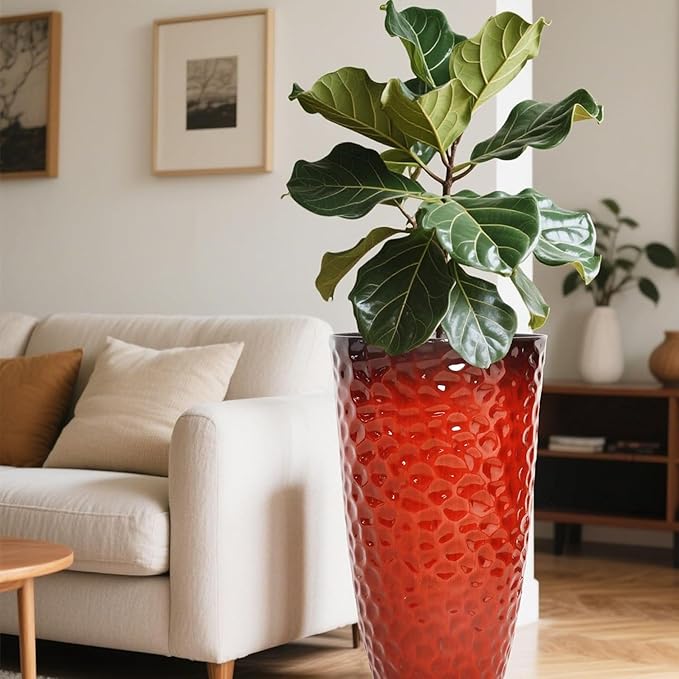 Worth 2 Pack 24" Tall Large Plastic Planter with Drainage Hole, Round Decorative Flower Plant Pit for Indoor or Outdoor Gardening, Glossy Red