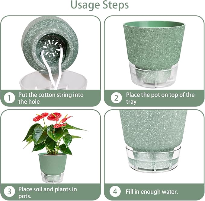 6-Inch Self-Watering Plant Pot with Visual Reservoir and Drainage Hole, Set of 5, Plastic Flower Pots, Planting Pot for Indoor Outdoor Plants (Frosted Mixed Color)