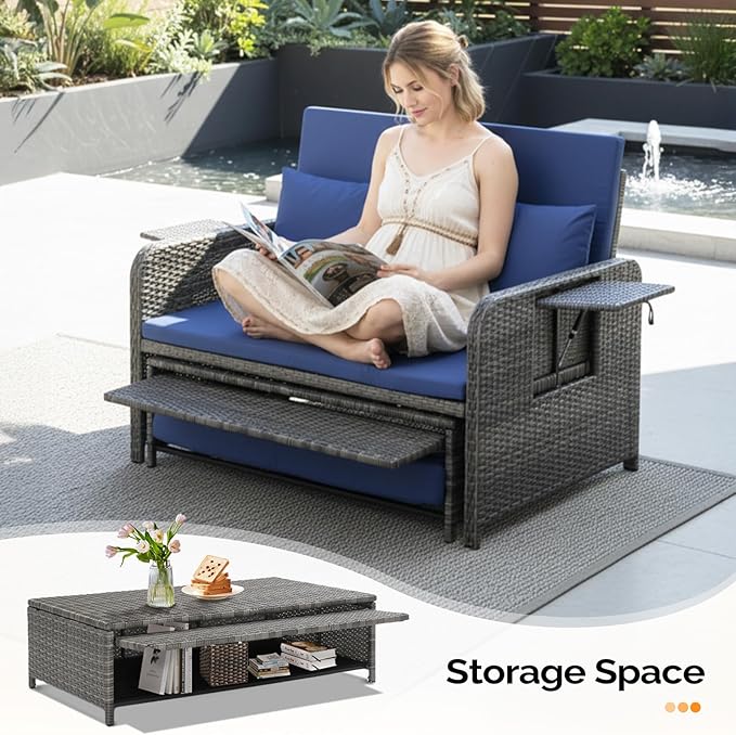VINGLI Patio Daybed, Wicker Outdoor Daybed with Storage Ottoman & 5-Level Adjustable Backrest, All-Weather Rattan Cushioned Patio Loveseat Sofa for Garden Balcony Backyard (Navy, Gray)