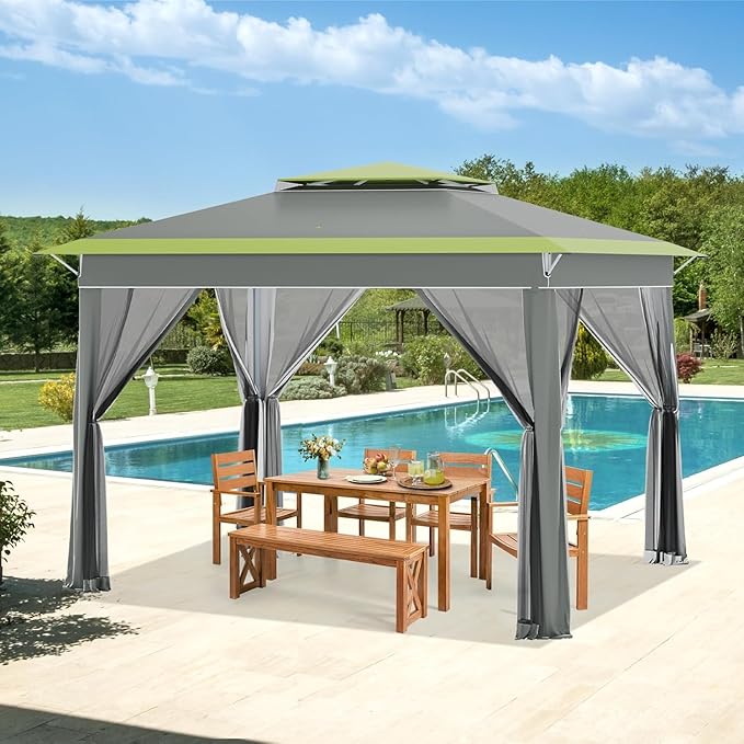 ECOTOUGE 11 FT Pop Up Canopy Tent with Mosquito Nettings, Instant Shelte gazebos on Clearance w/Carrying Roller Bag, Waterproof and UV Resistant Canopy Tent for Grill, Garden and Backyard Grey-Green