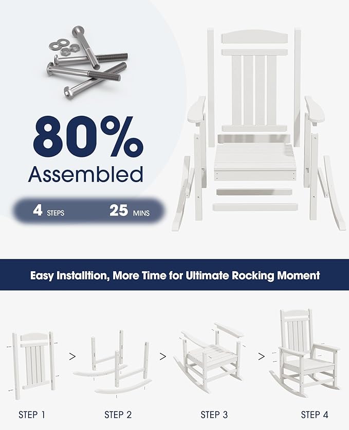 KINGYES HDPE Outdoor Rocking Chair, Widened Seat Patio Rocking Chair, Oversized All Weather Patio Rocker, White
