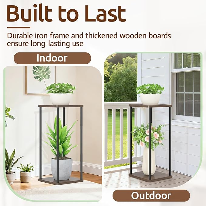 2 Tier Plant Stand Indoor, 28In Tall Corner Vertical Wood Metal Square Shelf, Modern Black Large Planter Table Heavy Duty Flower Pot Holder Rack for Narrow House Living Room Floor Orchid, Oak