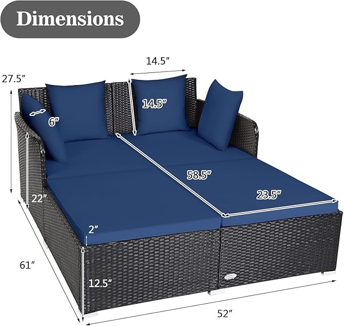 COSTWAY Outdoor Patio Rattan Daybed, Sponge Cushioned Loveseat Sofa with 4 Pillows, Wicker Furniture Sunbed for Balcony, Courtyard (Navy Blue)