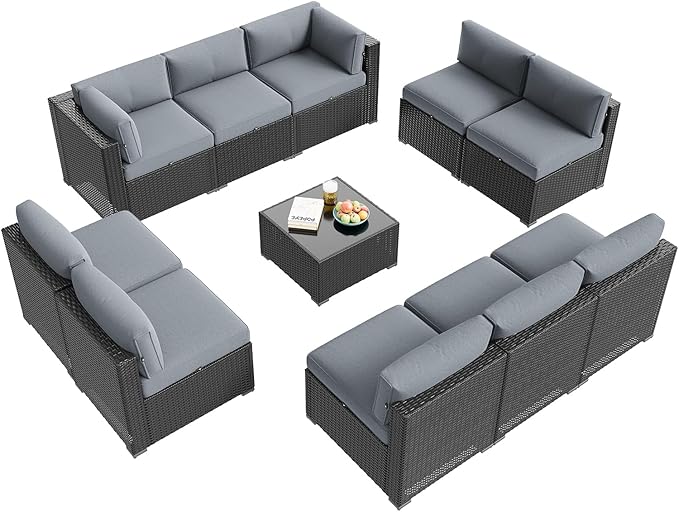 Aoxun Patio Furniture Set, 11 Piece Outdoor Sectional Sofas with Waterproof Cover, 10 Seats Wicker Rattan Outdoor Furniture Patio Conversation Set for Backyard, Garden Light Grey