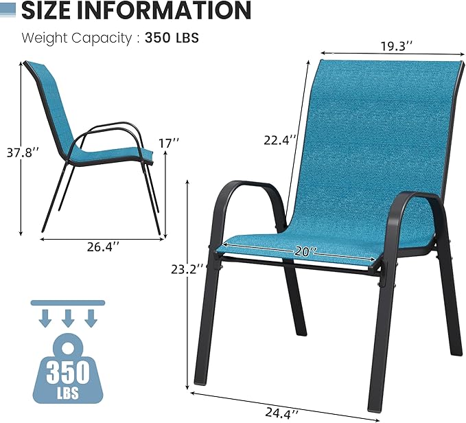 Patio Dining Chairs Set of 4, Stackable Dining Chairs High Back, Breathable Seat Fabric and Alloy Steel Frame Fit Backyard, Porch, Lawn，Poolside (Sky Blue)