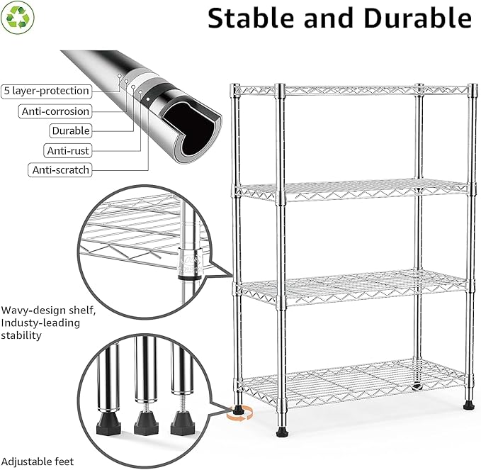 Xcity Storage Shelves, 4 Tier Heavy Duty Metal Shelving Unit, 1600 LBS Capacity Adjustable Steel Wire Shelf Organizer for Pantry, Kitchen, Garage, 14" D x 36" W x 54" H, Chrome