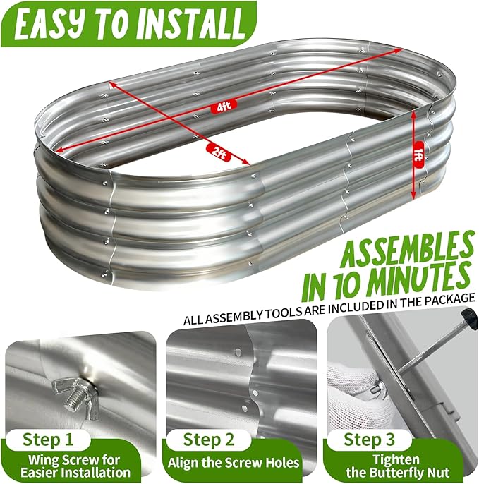 Galvanized Raised Garden Bed Kit, Planter Garden Boxes Outdoor, Oval Large Metal for Vegetables Fruits, Flowers Planter Boxes, Easy Assembly Garden Bed Kit 4x2x1 FT (2-Pack)