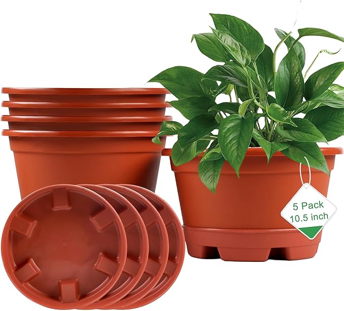 5 Pack 10.5 inch Plant Pots,Planter-Pots-for-Plants-Indoor-Outdoor，Plastic Flower Pot for Indoor Outdoor Plants with Drainage Holes & Trays, Decorative Garden Containers Sets for Houseplants