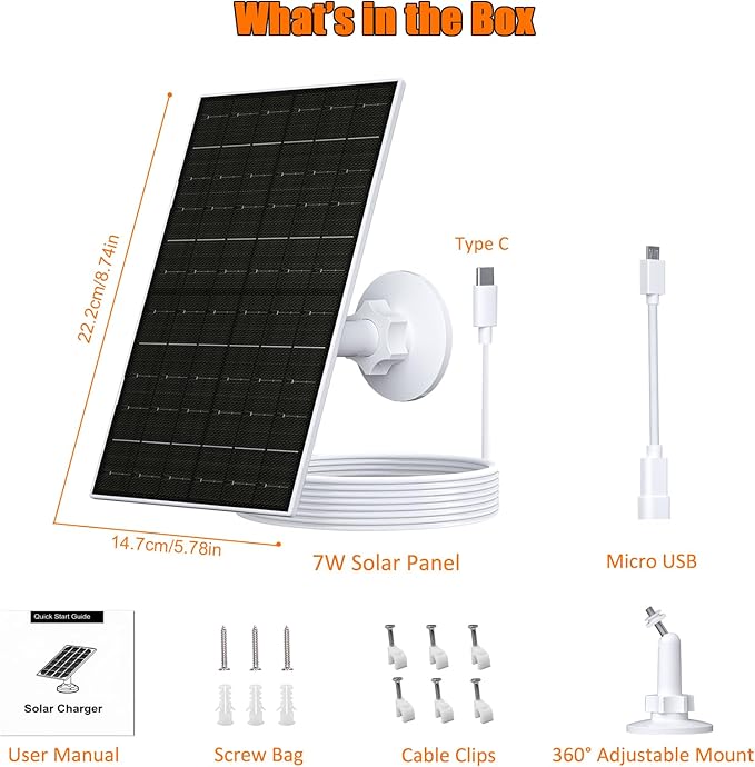 7W Solar Panel for Arlo Essential 2K (2nd Gen), Essential XL & Spotlight Cameras, USB-C Solar Charger for 5V Battery Cameras, IP66 Waterproof, 360° Adjustable Mount, 9.8ft Cable