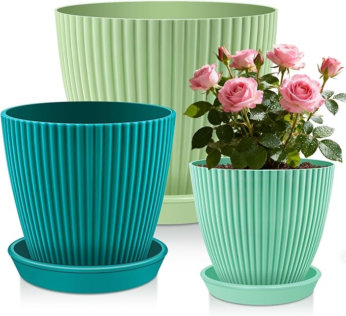 SupKing Large Plant Pots 7.5/6.7/6 Inch Set of 3, Plastic Flower Pots Planters with Drip Trays and Multi Mesh Drainage Holes Multicolor Nursery Planting Pot for Indoor Outdoor Garden Plants