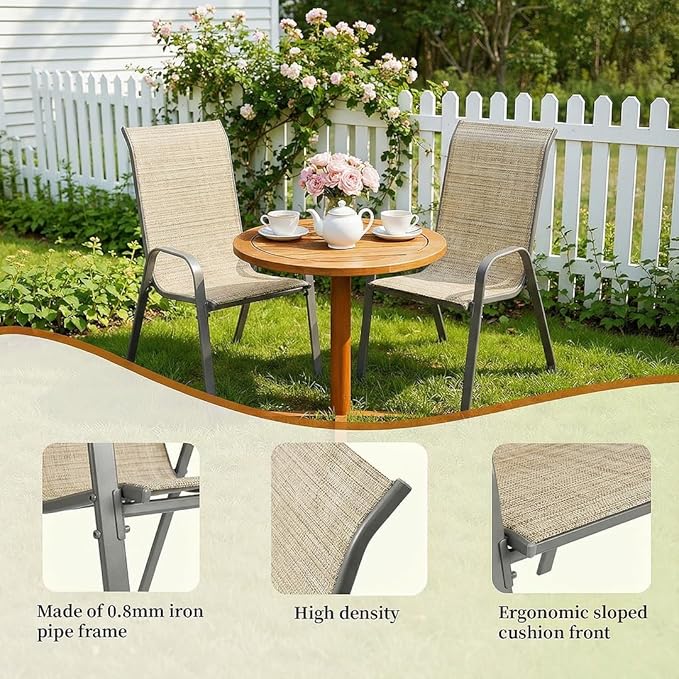 MAMIZO Patio Dining Chairs, Stackable All Weather Teslin Chair, Heavy Duty Outdoor Breathable Chairs Set, w/Armrests, Upgraded Chair FeetW/Strenthened Iron Spacers, 330 LBS (8, Brown)