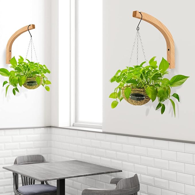Wooden Plant Hangers - Hanging Plant Hooks for Indoor Outdoor, Wood Hanging Wall Plant Hooks Heavy Duty for Flower Pots Wind Chimes and Bird Feeders(2-Pack,8-Inch)