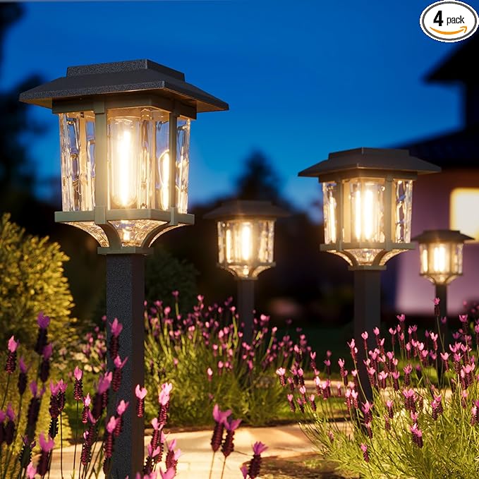 XMCOSY+ Solar Pathway Lights Outdoor, 2-Tone LED Waterproof Garden Outdoor Lighting for Yard Stainless Steel & Glass Solar Powered Landscape Walkway Driveway Decor (4 Pack, Warm White)