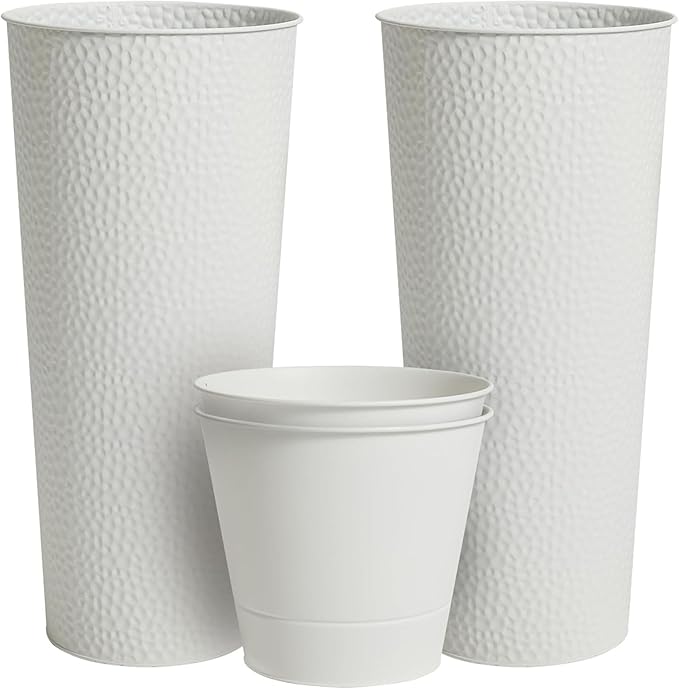 Worth 2 Pack 28" Tall Narrow Metal Planter with Inside Pot for Indoors or Outdoors, Deck, Patio or Front Porch, Hand-Hammered Texture, White