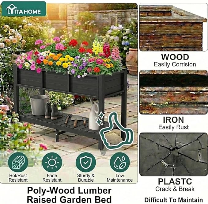 YITAHOME Raised Garden Bed HDPE, 47x18x31In Raised Flower Bed Poly-Wood Weather-Resistant Elevated Planter Box with Lockable Wheels & Storage Shelf for Vegetable Flower, Black
