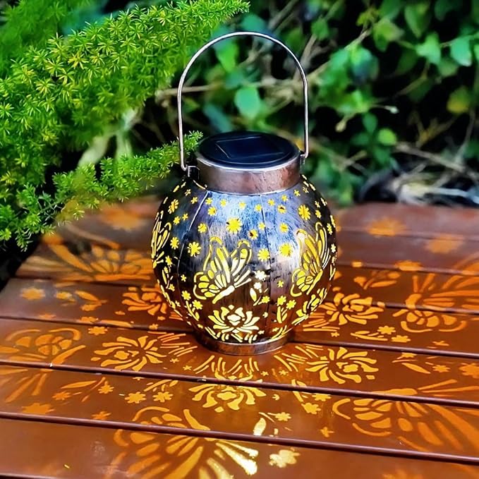 2 Pack Outdoor Solar Hanging Lantern Lights Metal LED Decorative Lamp for Garden Patio Courtyard Lawn and Table with Hollowed-Out Design (Bronze Butterfly)