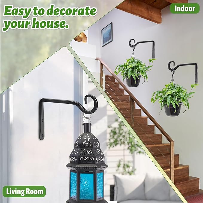 Plant Hangers Outdoor 2 Pack 10 Inch Metal Hanging Plant Bracket Metal Hanging Plant Hooks Indoor, Wall Hooks for Hanging Plants, Bird Feeder, Flower Basket, Wind Chimes Black (2PCS)
