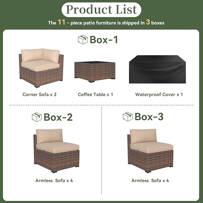 Aoxun 11 Piece Patio Furniture Set Wicker Rattan Patio Conversation Set Outdoor Sectional Sofa Set with Coffee Table and Thickened Cushions, Beige(Waterproof Cover Included)