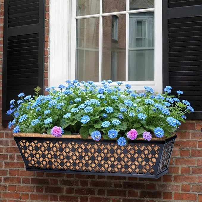 hehimhis Window Planter Box with Adjustable Bracket and Coco Liner for Porch, 24 Inch 4 Pack Balcony Planters Railing Hanging,Fence, Patio Hanging Planters for Garden Outdoor