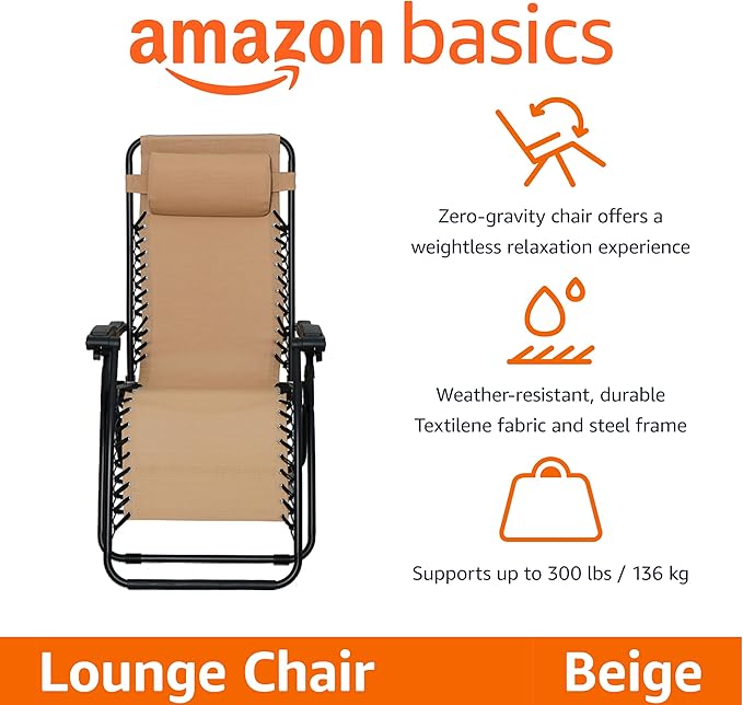 Amazon Basics Outdoor Patio Zero Gravity Folding Reclining Lounge Chair with Padded Headrest Pillow, Adjustable Lawn Chair for Outside, Weather-resistant Textilene, 26", Beige