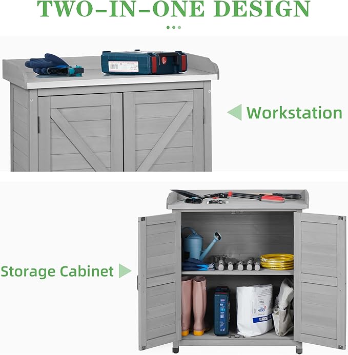 Outdoor Potting Bench with Storage Cabinet and Metal Top, Wood Workstation for Outdoor Patio, Garden (Classic Grey, 31.5x17x39‘’)