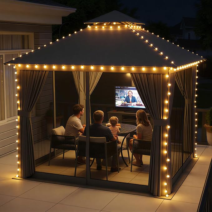 Aoxun Outdoor Gazebo for Patio 8x8, Metal Frame Canopy with Double Roofs, Heavy Duty Party Tent and Shelter with Mosquito Netting and Privacy Screen for Backyard, Lawn, Garden, Deck (Grey)