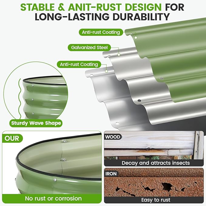 Galvanized Raised Garden Bed Outdoor 24'' Deep | Oval Metal Garden Beds with Easy Assembly & Planter Box for Planting Deep Root Vegetables Fruits Flowers, 4x2x2ft OliveGreen 2Pcs