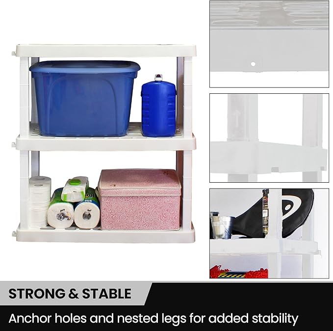Oskar Heavy Duty Plastic Storage Shelves- for Garage, Kitchen, Bathroom Basement Kids Room, Stackable 3-Tier White, Organizer Rack for Books Shoes, Toys, Pantry, Cleaning and Closet Organization