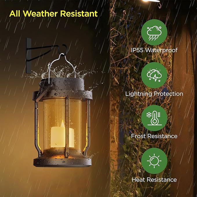 Solar Lantern Outdoor & Indoor Use – Hanging Solar Lights with Realistic Flickering Flameless Candle, Weatherproof for Gardens, Patios, Trees, and Lawns (Black + Amber, 1 Pack)