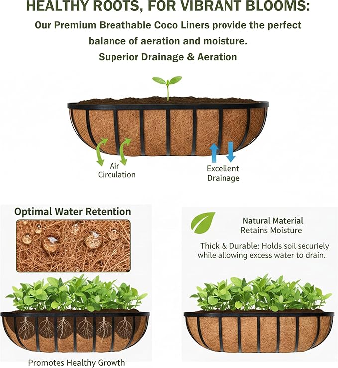 30“ Window Box Railing Planter with Coco Liner Metal Wall-Mounted Coconut Liner Planter Basket English Horse Trough Planters for Outdoor Deck Balcony Porch Fence Patio Black (4 Pack)