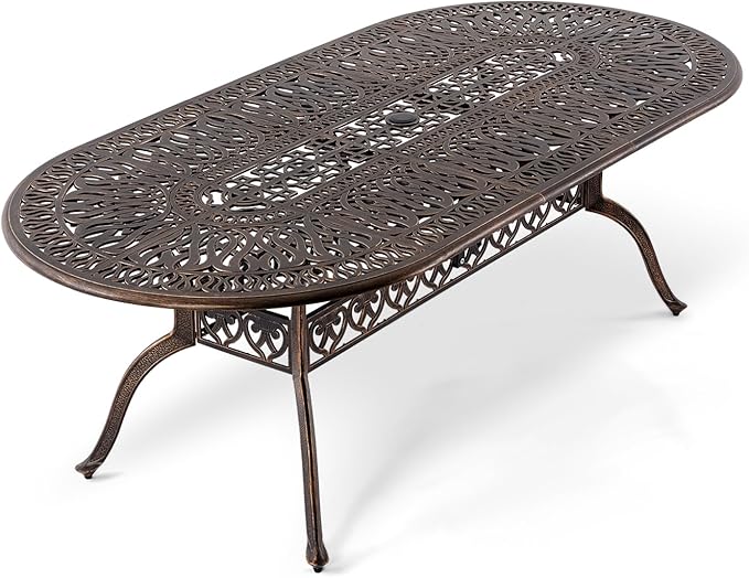 Outdoor Patio Dining Table - All-Weather Cast Aluminum 87" x 28.5“ Oval Patio Table with 2" Umbrella Hole for Balcony Lawn Garden Backyard