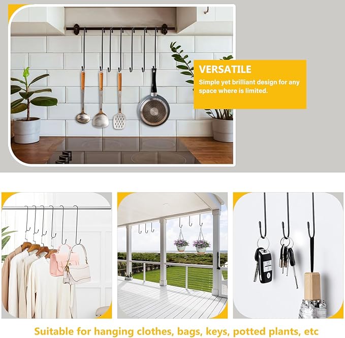 6 Pack 10 Inch Large S Hooks for Hanging Plants,Black Extra Matel Heavy Duty Hook for Hang Brsket,Bird House,Clothes,Kitchenware