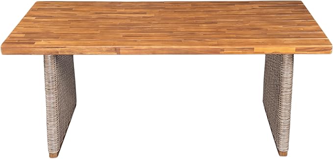 Christopher Knight Home Pasco Acacia Wood Outdoor Dining Table Set for 6, Wicker Patio Dining Set with Acacia Wood Table and Bench, Patio Table and Chair Set with Cushion+Rope Backrest,Brown+Teak+Grey