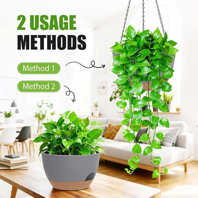 8 Inch Hanging Planters for Indoor Outdoor Plants, 4 Pack Plastic Self Watering Hanging Baskets with Drainage Holes and Chain for Garden Porch